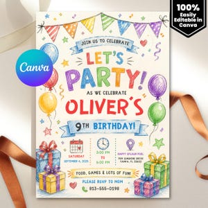 Könnte beinhalten: Eine farbenfrohe Geburtstagseinladung mit dem Text "Let's Party!" und "Olivers 9. Geburtstag!". Das Design umfasst Ballons, Geschenkboxen und ein Banner. Die Einladung enthält auch Datum, Uhrzeit und Ort der Party.