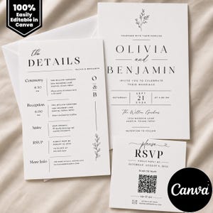 Modern Wedding Invitation Suite Photo, Printable Stationery Set Template, Digital QR Code Rsvp and Details Card