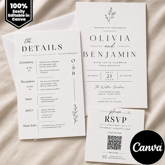 Modern Wedding Invitation Suite Photo, Printable Stationery Set Template, Digital QR Code Rsvp and Details Card