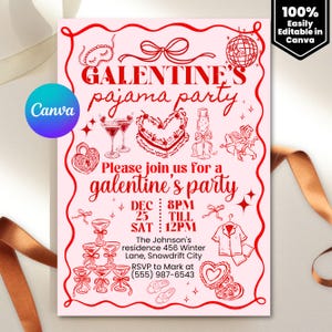 Galentine's Day Pajama Party Invitation Template, Valentines Party Girls Night In PJ Invite, Pink Whimsical hand drawn Galentines Printable