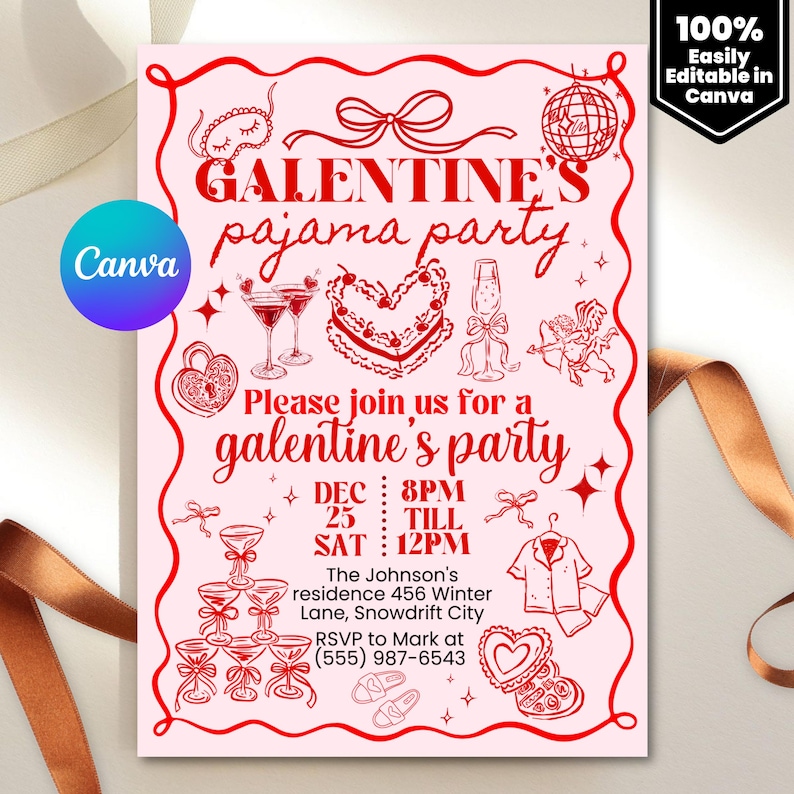 Galentine's Day Pajama Party Invitation Template, Valentines Party Girls Night In PJ Invite, Pink Whimsical hand drawn Galentines Printable