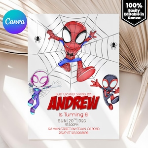 May include: A white invitation featuring cartoon Spider-Man characters. The design includes a large web, the name "Andrew" in red, and event details. The Canva logo is in the upper left corner, and the text "100% Easily Editable in Canva" is in the upper right.