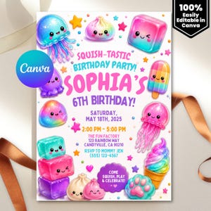 Squishy Sensory Birthday Invitation, Neon Colorful Squishy Invitation, Squishy Party Invite, Kids Sensory Toy Theme Party Editable Canva