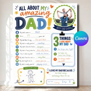 Peut inclure: Une affiche personnalisée intitulée "All About My Amazing Dad !" présente une photo d'un père et de son enfant. L'affiche comprend des détails tels que le nom du père, son âge, ses choses préférées et un dessin d'un bonhomme allumette.