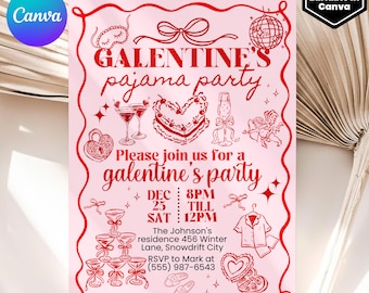Modello modificabile per invito al pigiama party di Galentine con fiocco rosa e rosso