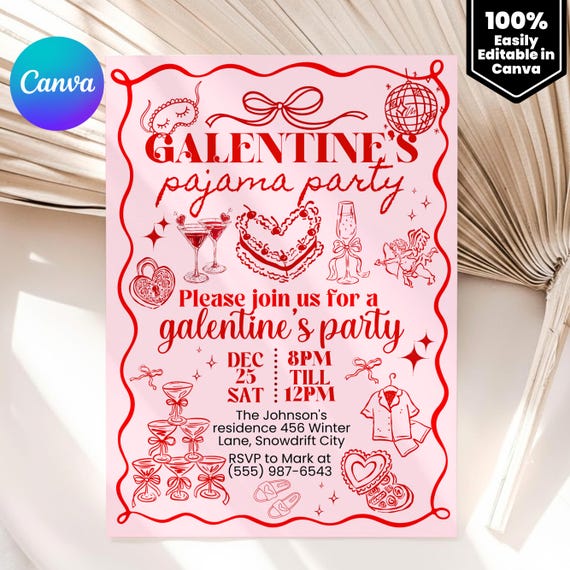 Galentine's Pajama Party Invitation Pink Red Bow Sleepover Slumber Editable Template