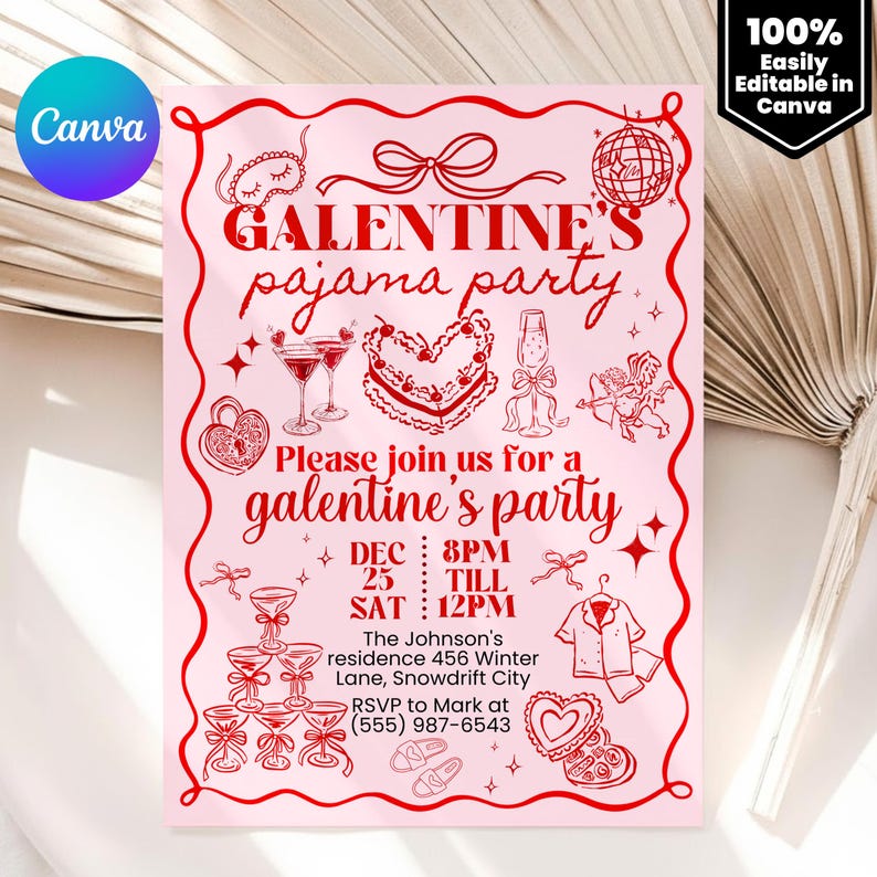 Galentine's Day Pajama Party Invitation Template, Valentines Party Girls Night In PJ Invite, Pink Whimsical hand drawn Galentines Printable