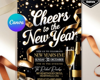 Digital New Years Party Invitation, Cheers to the New Year Invite, Editable NYE Celebration Template, Printable Holiday Party Card