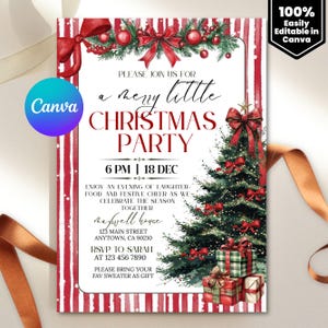 Könnte beinhalten: Festliche Weihnachtsparty-Einladung mit rot-weiß gestreiftem Rand. Die Einladung zeigt einen Weihnachtsbaum, Geschenke und den Text "Merry Little Christmas Party" mit Veranstaltungsdetails. Das Canva-Logo ist sichtbar.