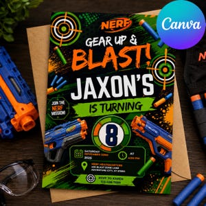 May include: A rectangular birthday invitation card featuring a Nerf theme with orange, green, and blue colors. The text reads Gear Up & Blast! Jaxon's Is Turning 8, with details for Saturday November 22nd 2025 at 4:00 PM at Nerf Headquarters.