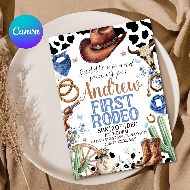 First Rodeo Invitation Template, Wild West Birthday Invite, Boy Cowboy Birthday Invitation, My 1st Rodeo Invitation, 5x7 Canva