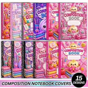 May include: A collection of fifteen composition book covers featuring vibrant pink and purple backgrounds with illustrations of smiling dumplings, pencils in holders, stacked books, stars, and hearts. The text reads Composition Book.
