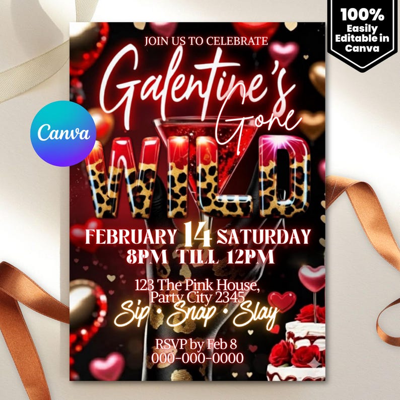 Cheetah Galentines Day Party Invitation: Valentines Leopard Invite Digital Galentines Girl Night Party Invite Dinner Editable Canva Template