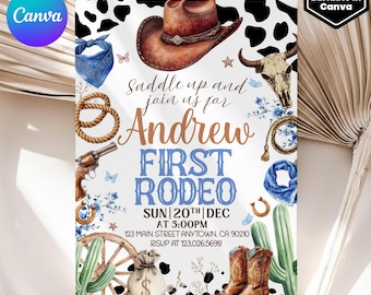 First Rodeo Invitation Template, Wild West Birthday Invite, Boy Cowboy Birthday Invitation, My 1st Rodeo Invitation, 5x7 Canva