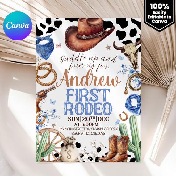 First Rodeo Invitation Template, Wild West Birthday Invite, Boy Cowboy Birthday Invitation, My 1st Rodeo Invitation, 5x7 Canva