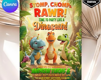 Edytowalne zaproszenie na dinozaura, zaproszenie na przyjęcie urodzinowe dinozaura, zaproszenie na przyjęcie T-Rex, zaproszenie na urodziny dinozaura, edytowalny szablon Canva