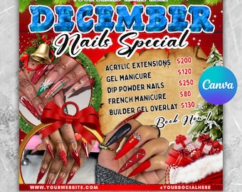 May include: A festive advertisement for December nail specials. The design features images of manicured nails in red, black, and gold, with text that reads "December Nails Special." Services include acrylic extensions, gel manicures, and more. The design includes Christmas decorations.