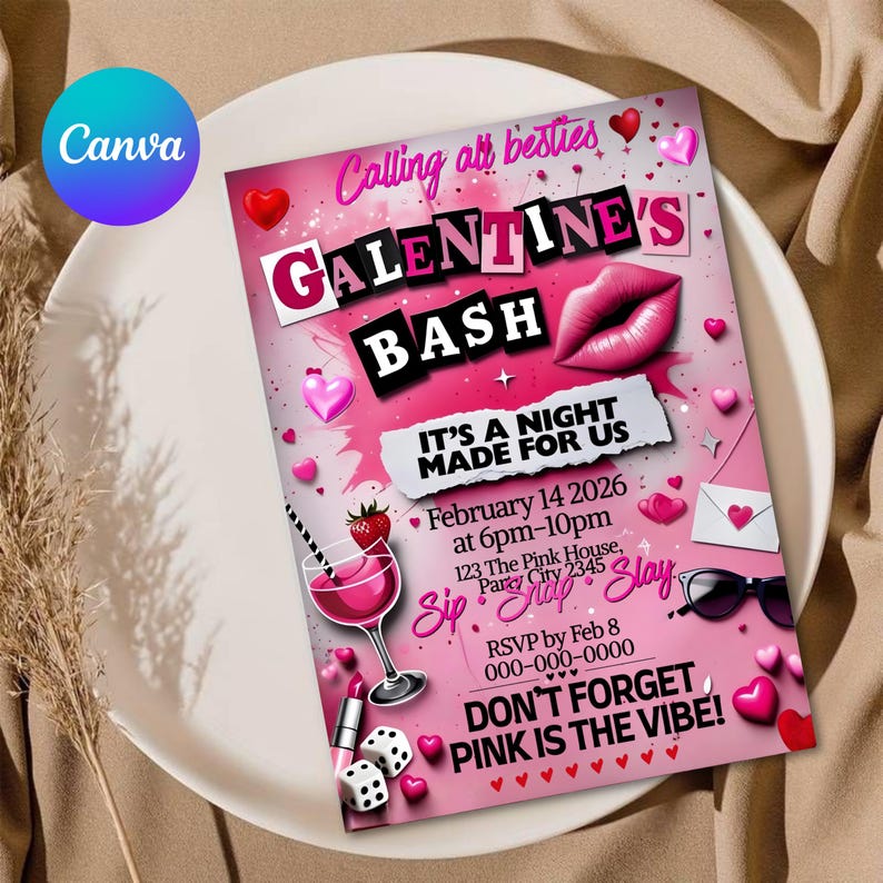 Editable Burn Book Galentine's Day Invite, Pink Girls Party Invitation, Valentine's Day Invite, Girls Only, Mean Girls Galentines Invite