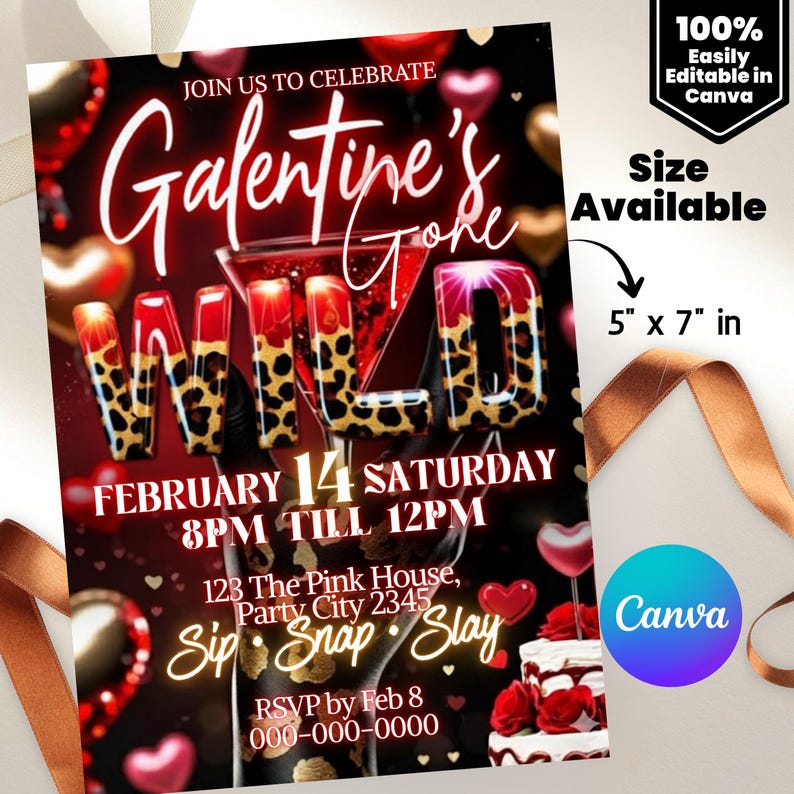 Cheetah Galentines Day Party Invitation: Valentines Leopard Invite Digital Galentines Girl Night Party Invite Dinner Editable Canva Template
