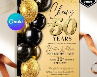 50th Birthday Invitation, 50th Invite, Gold Black Birthday Invite, Any Age Adult Birthday Invite, Printable Digital Editable Canva Template