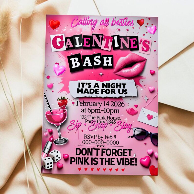 Editable Burn Book Galentine's Day Invite, Pink Girls Party Invitation, Valentine's Day Invite, Girls Only, Mean Girls Galentines Invite