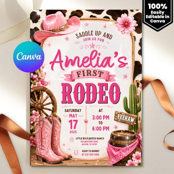 First Rodeo Birthday Invitation, Editable My 1st Rodeo Girl Cowgirl Invites, First Rodeo Invite, 5x7 Canva