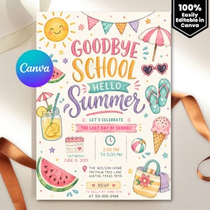 Op de afbeelding: Een kleurrijke uitnodiging met de tekst "Goodbye School Hello Summer". Het ontwerp bevat illustraties van een lachende zon, watermeloen, zonnebril, ijs en een strandtas. De datum is 15 juni 2024, van 14:00 tot 17:00 uur.