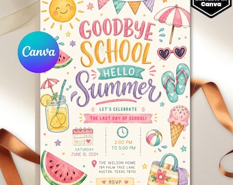 End of School Party Invitation, Schools Out Party Invitation, Summer Pool Party, Pool Party Invite, Hello Summer, Editable Canva Template