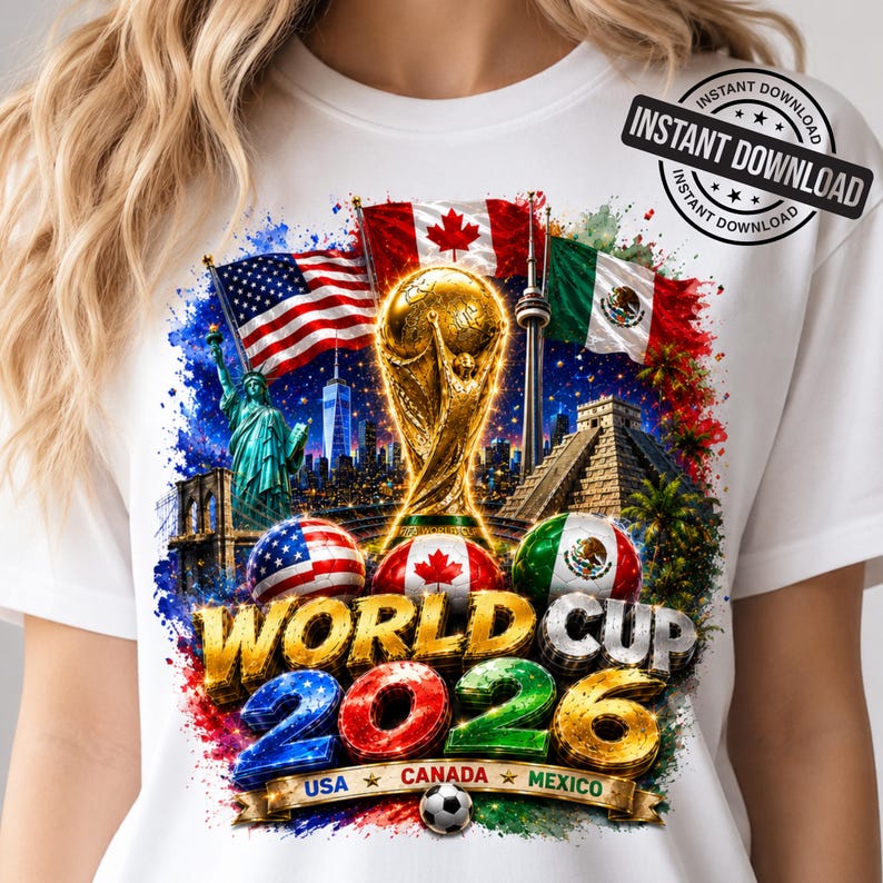 World Cup 2026 USA Canada Mexico Soccer Design Football Fan Shirt PNG FIFA 2026 Trophy Graphic Sublimation Design Digital Download