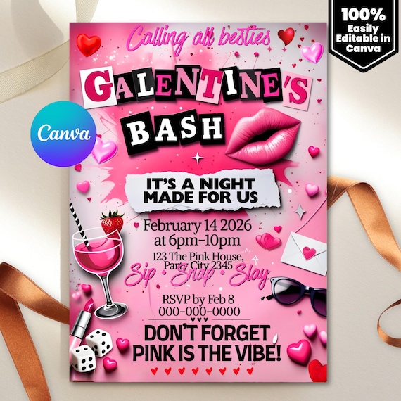 Editable Burn Book Galentine's Day Invite, Pink Girls Party Invitation, Valentine's Day Invite, Girls Only, Mean Girls Galentines Invite