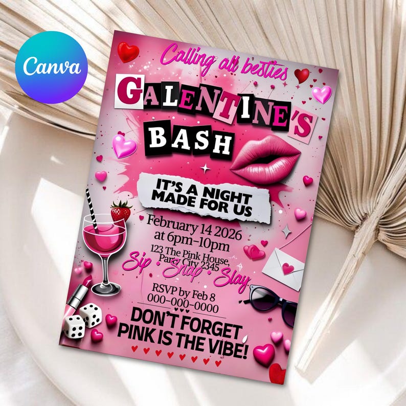 Editable Burn Book Galentine's Day Invite, Pink Girls Party Invitation, Valentine's Day Invite, Girls Only, Mean Girls Galentines Invite