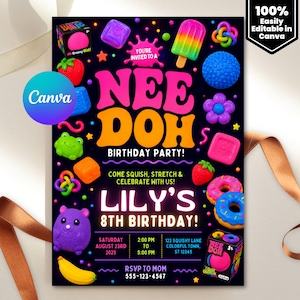 May include: A birthday party invitation flyer with a black background featuring colorful illustrations of squishy toys, including a strawberry, banana, popsicle, and donuts. The text reads: YOU'RE INVITED TO A NEE DOH BIRTHDAY PARTY! LILY'S 8TH BIRTHDAY!