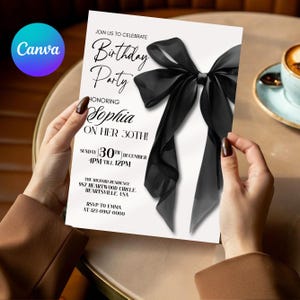 Black Bow Birthday Invitation Template: Elegant Editable Party Invite, Digital Download for Printable and Phone Format