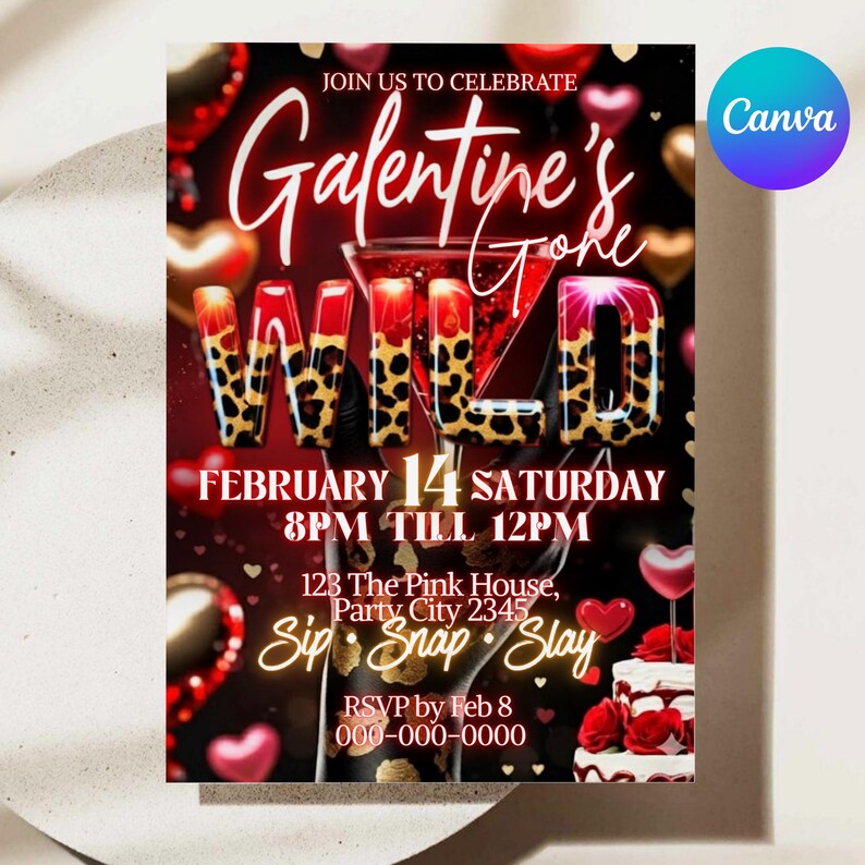 Cheetah Galentines Day Party Invitation: Valentines Leopard Invite Digital Galentines Girl Night Party Invite Dinner Editable Canva Template