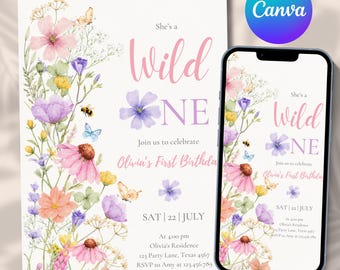Plantilla de invitación de primer cumpleaños con flores silvestres, invitación digital editable para niña de primer cumpleaños con temática floral, fiesta de primer cumpleaños con flores silvestres, Canva