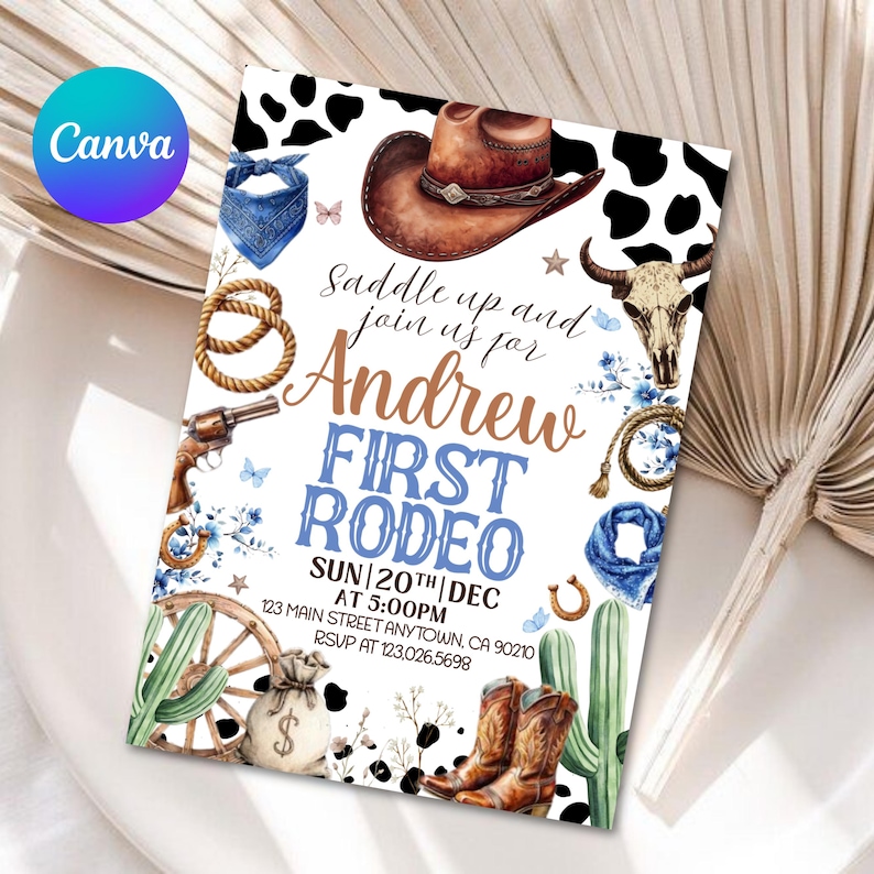 First Rodeo Invitation Template, Wild West Birthday Invite, Boy Cowboy Birthday Invitation, My 1st Rodeo Invitation, 5x7 Canva