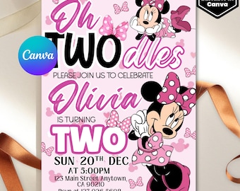 Editable Oh TWOdles Birthday Invitation, Digital 2nd Birthday, Cute Mouse Second Birthday Invite, Oh Twodles Invitation, Boho Minnie Invite