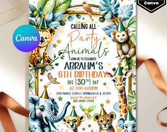 Invitación "Llamada a todos los animales de fiesta", invitación de cumpleaños para niños con animales de fiesta, lindos animales con sombreros de cumpleaños, editable en Canva
