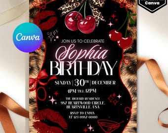 Cheetah Print Birthday Invitation, Black Bow Coquette Party Printable Invite, Editable Canva Design, Instant PDF Download