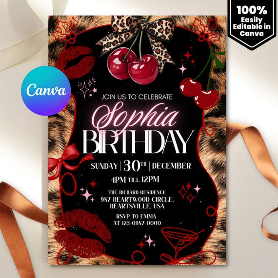 Cheetah Print Birthday Invitation, Black Bow Coquette Party Printable Invite, Editable Canva Design, Instant PDF Download