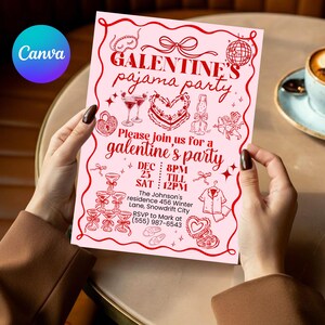 Galentine's Day Pajama Party Invitation Template, Valentines Party Girls Night In PJ Invite, Pink Whimsical hand drawn Galentines Printable