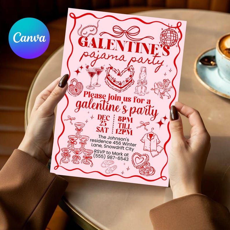 Galentine's Day Pajama Party Invitation Template, Valentines Party Girls Night In PJ Invite, Pink Whimsical hand drawn Galentines Printable