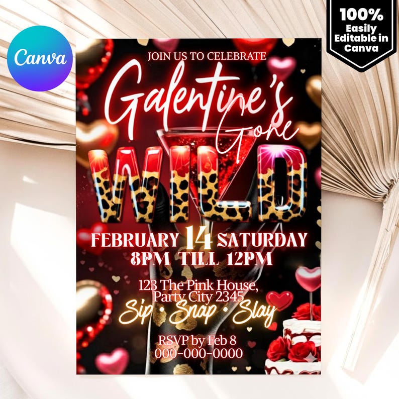Cheetah Galentines Day Party Invitation: Valentines Leopard Invite Digital Galentines Girl Night Party Invite Dinner Editable Canva Template