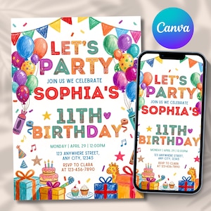 Könnte beinhalten: Eine digitale Geburtstagseinladung mit bunten Buntstiftzeichnungen von Luftballons, Wimpeln, Geschenken und einer Torte. Der Text lautet: LET'S PARTY JOIN US WE CELEBRATE SOPHIA'S 11TH BIRTHDAY MONDAY | APRIL 29 | 12:00PM 123 ANYWHERE STREET, ANY CITY, 12345 RSVP TO CLARA AT 123-456-7890.
