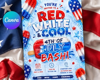 May include: A 4th of July party invitation flyer featuring red, white, and blue popsicle graphics on a light blue icy background. The text reads: You're invited to a Red White & Cool 4th of July Bash! Saturday July 6, 2024, 5:00 PM to 11:00 PM.