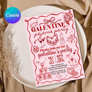 Galentine's Day Pajama Party Invitation Template, Valentines Party Girls Night In PJ Invite, Pink Whimsical hand drawn Galentines Printable
