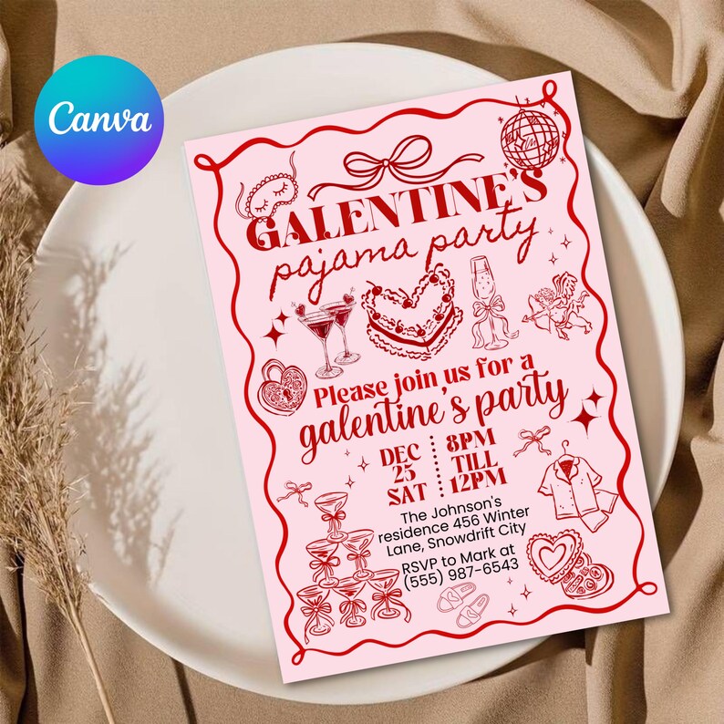 Galentine's Day Pajama Party Invitation Template, Valentines Party Girls Night In PJ Invite, Pink Whimsical hand drawn Galentines Printable