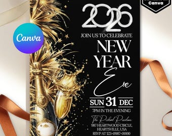 Editable New Years Eve Party Invitation. 2026 New Year’s Party Invite. Gold Glitter New Year Invite. NYE Party. New Years Eve Evite.