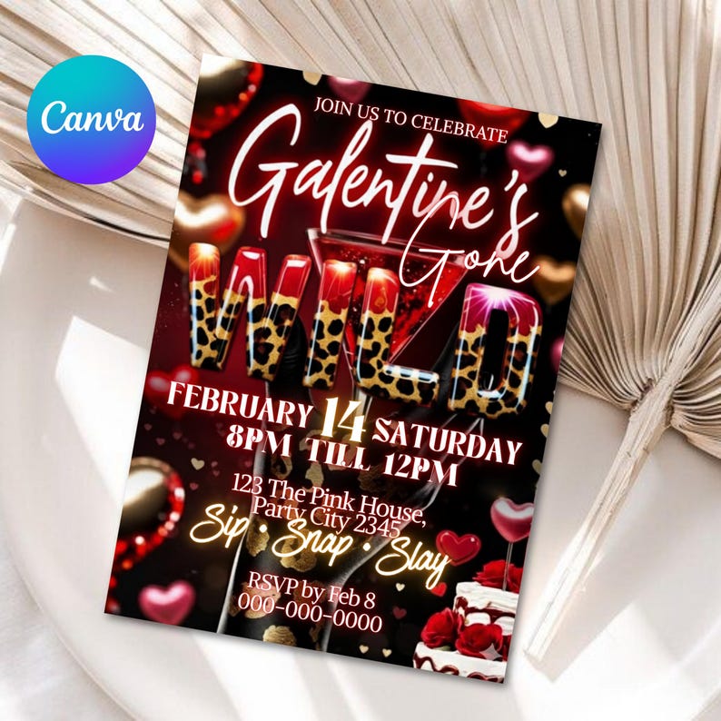 Cheetah Galentines Day Party Invitation: Valentines Leopard Invite Digital Galentines Girl Night Party Invite Dinner Editable Canva Template