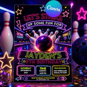 May include: A neon-themed bowling birthday invitation flyer featuring a purple bowling ball hitting white pins. Text includes LET'S STRIKE UP SOME FUN FOR JAYDEN'S 9TH BIRTHDAY, date, time, and location details for Splitz Bowling at 4567 Strike Lane, Dallas, TX 75201.